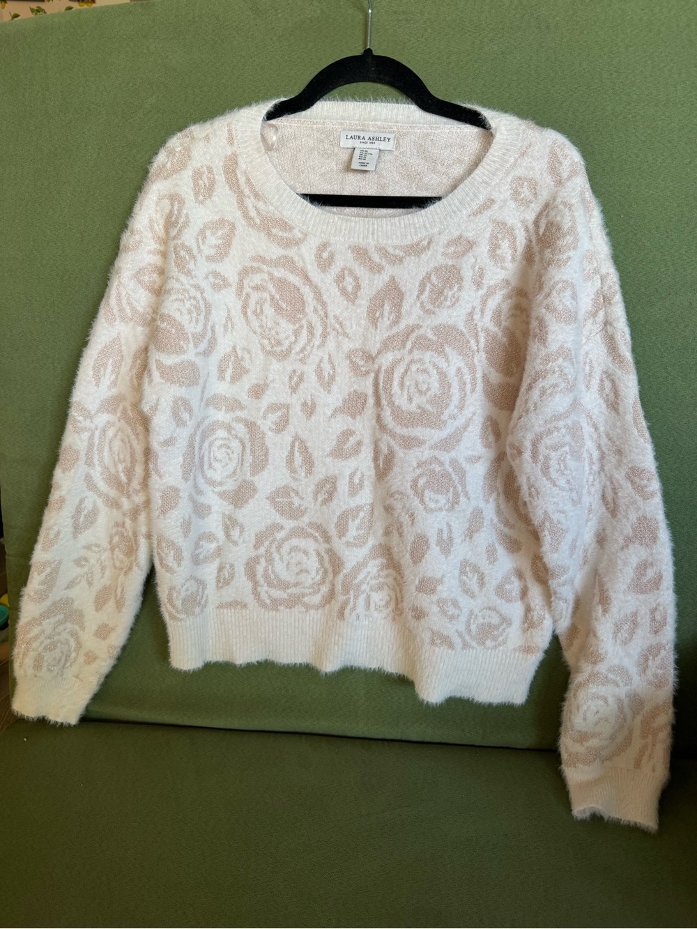 Laura Ashley Cream and Blush Rose-Pattern Crewneck Sweater